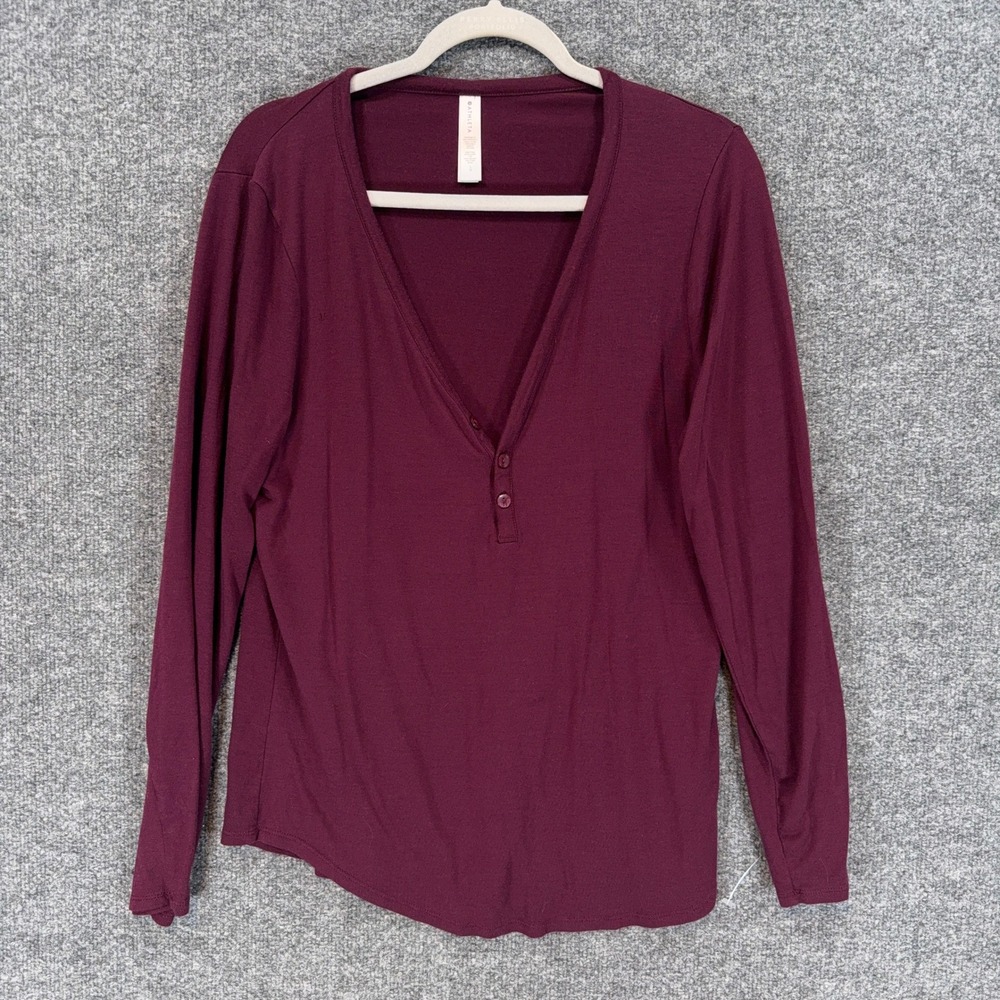 Athleta Nighttime Bliss Sleep Top Women Large Burgundy Henley Long Sleeve Pajama